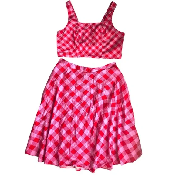 Scoop Skirt Crop Top Set Pink Red Checkered Picnic Summer XL - Picture 4 of 14